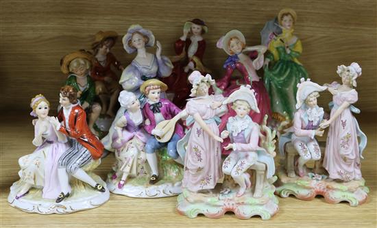 Four Royal Doulton figurines and six various other figures and groups,